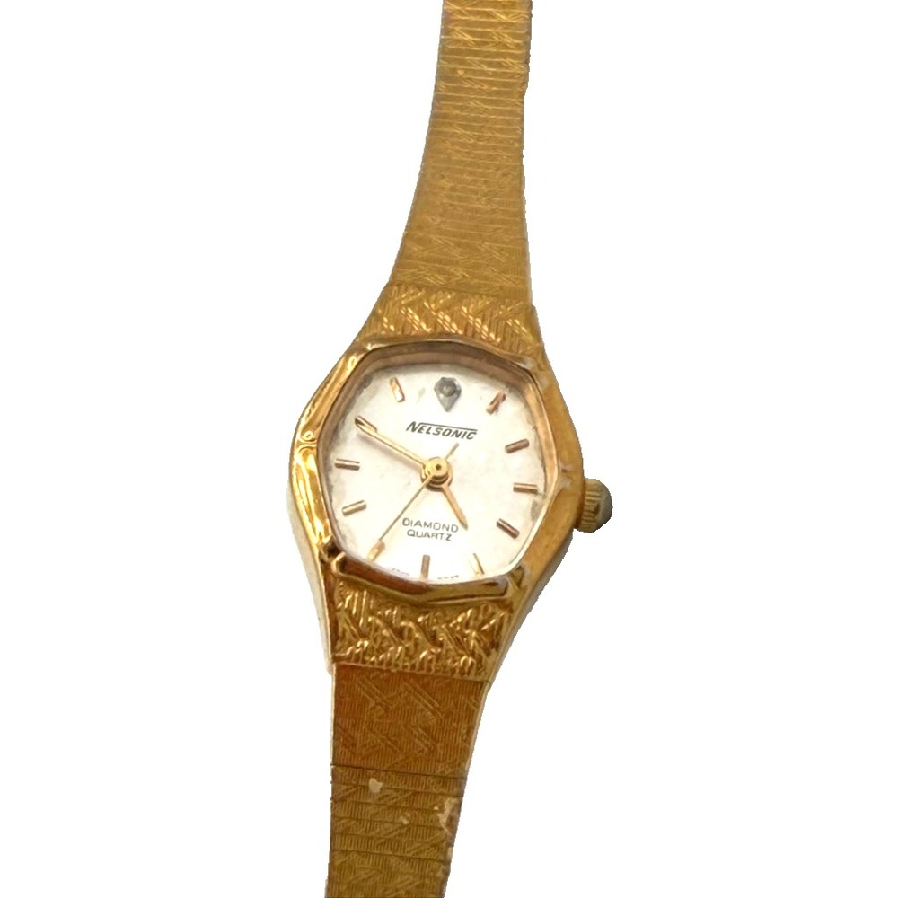 Vintage Nelsonic N74D Diamond Quartz Women's Gold Tone Watch 7" Works